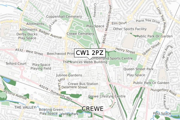 CW1 2PZ map - small scale - OS Open Zoomstack (Ordnance Survey)