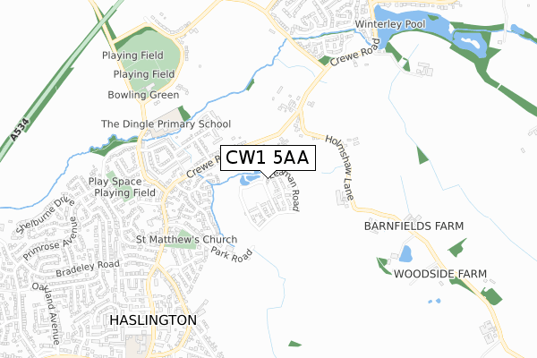 CW1 5AA map - small scale - OS Open Zoomstack (Ordnance Survey)
