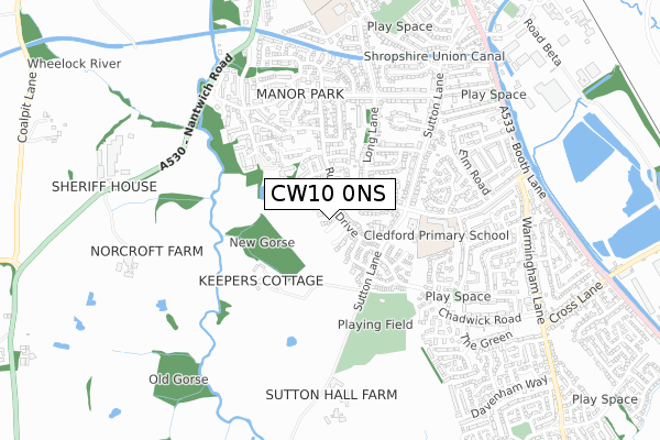 CW10 0NS map - small scale - OS Open Zoomstack (Ordnance Survey)