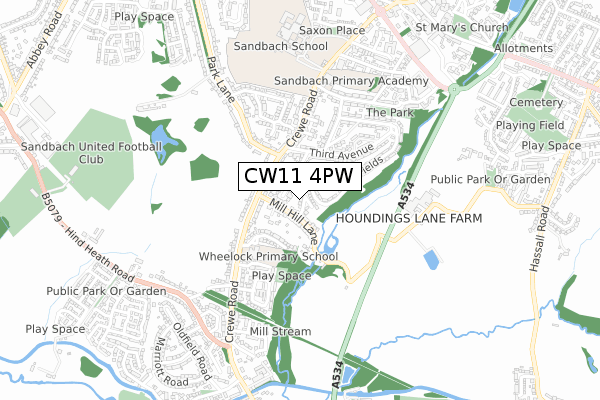 CW11 4PW map - small scale - OS Open Zoomstack (Ordnance Survey)