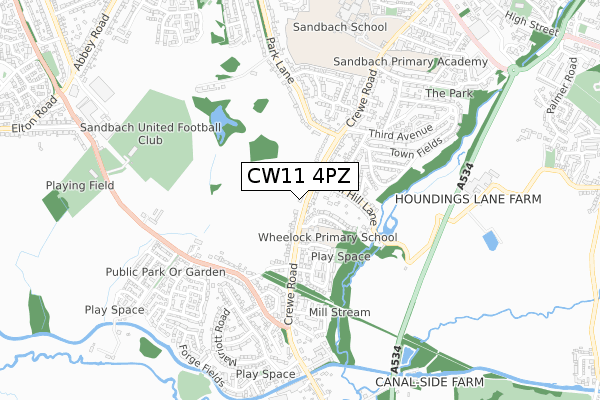 CW11 4PZ map - small scale - OS Open Zoomstack (Ordnance Survey)