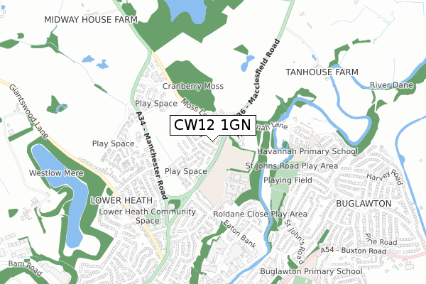 CW12 1GN map - small scale - OS Open Zoomstack (Ordnance Survey)