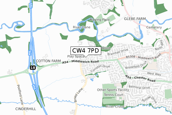 CW4 7PD map - small scale - OS Open Zoomstack (Ordnance Survey)