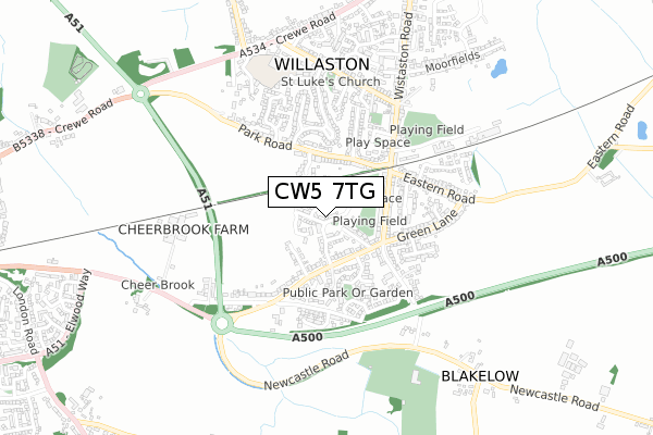 CW5 7TG map - small scale - OS Open Zoomstack (Ordnance Survey)