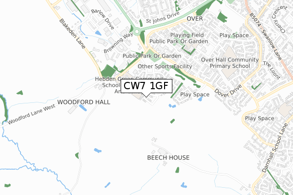 CW7 1GF map - small scale - OS Open Zoomstack (Ordnance Survey)