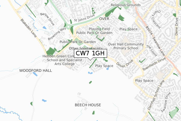 CW7 1GH map - small scale - OS Open Zoomstack (Ordnance Survey)