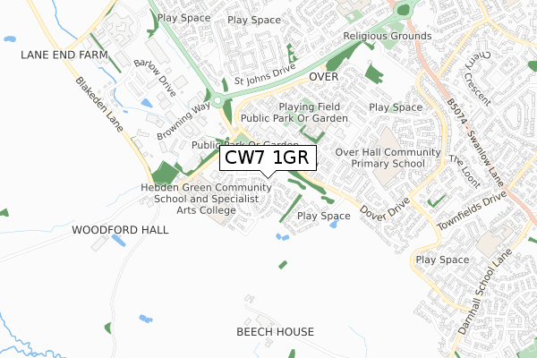 CW7 1GR map - small scale - OS Open Zoomstack (Ordnance Survey)