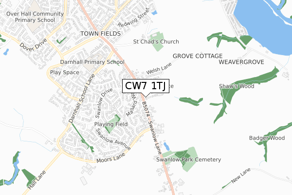 CW7 1TJ map - small scale - OS Open Zoomstack (Ordnance Survey)