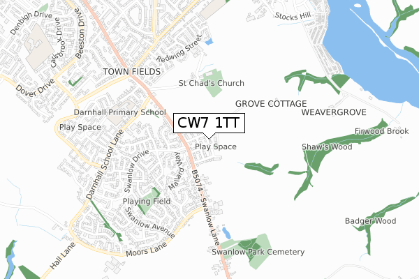 CW7 1TT map - small scale - OS Open Zoomstack (Ordnance Survey)