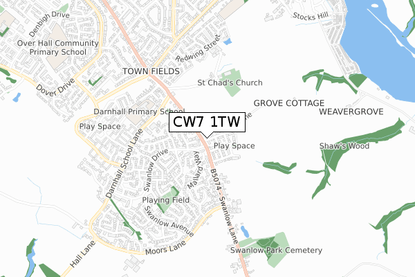 CW7 1TW map - small scale - OS Open Zoomstack (Ordnance Survey)