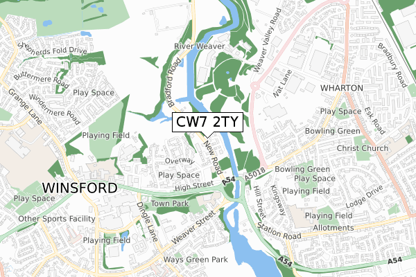 CW7 2TY map - small scale - OS Open Zoomstack (Ordnance Survey)