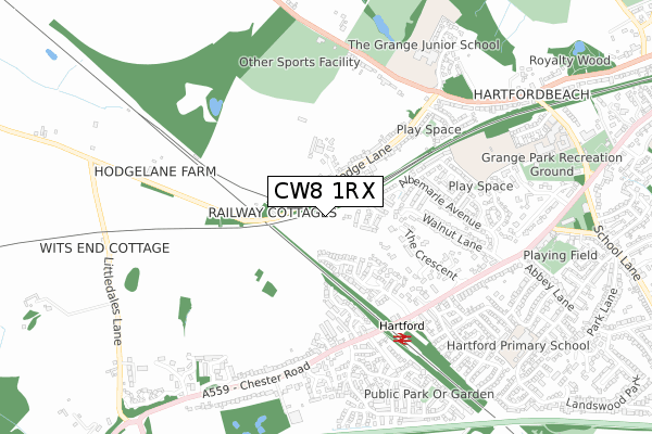 CW8 1RX map - small scale - OS Open Zoomstack (Ordnance Survey)