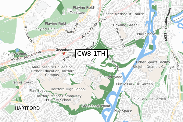 CW8 1TH map - small scale - OS Open Zoomstack (Ordnance Survey)