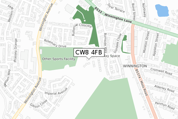 CW8 4FB map - large scale - OS Open Zoomstack (Ordnance Survey)