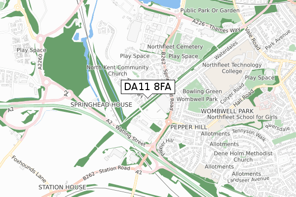 DA11 8FA map - small scale - OS Open Zoomstack (Ordnance Survey)