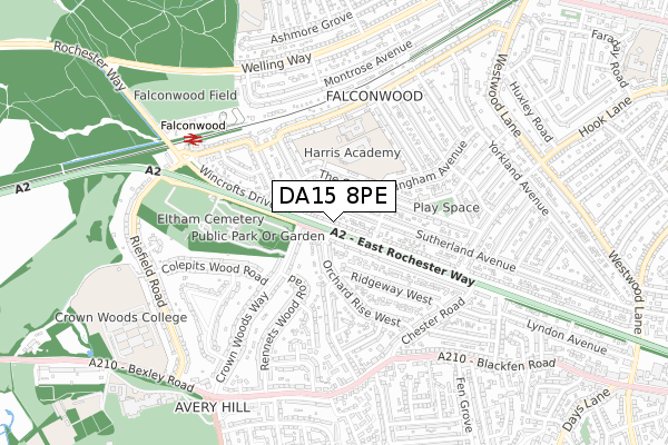 DA15 8PE map - small scale - OS Open Zoomstack (Ordnance Survey)