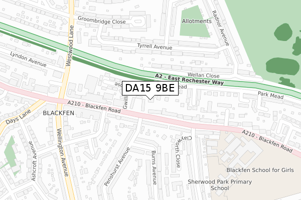 DA15 9BE map - large scale - OS Open Zoomstack (Ordnance Survey)