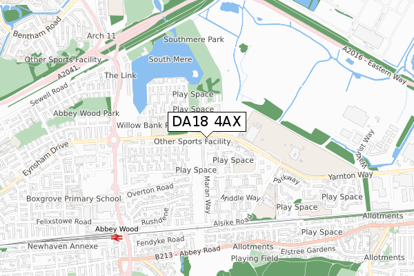 DA18 4AX map - small scale - OS Open Zoomstack (Ordnance Survey)