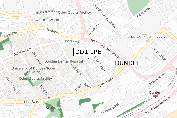 DD1 1PE map - large scale - OS Open Zoomstack (Ordnance Survey)