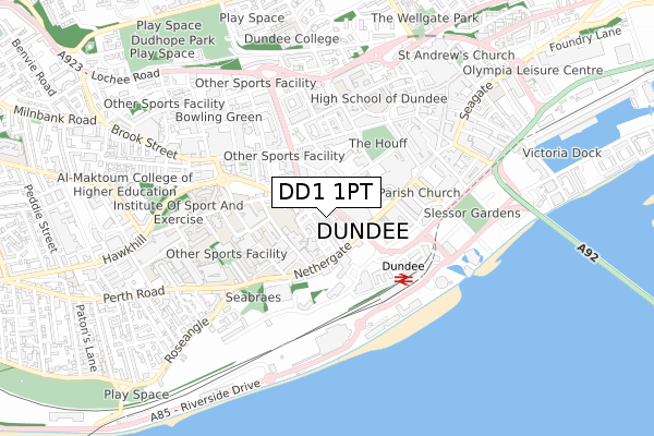 DD1 1PT map - small scale - OS Open Zoomstack (Ordnance Survey)
