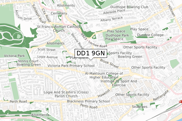 DD1 9GN map - small scale - OS Open Zoomstack (Ordnance Survey)