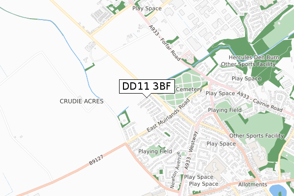 DD11 3BF map - small scale - OS Open Zoomstack (Ordnance Survey)