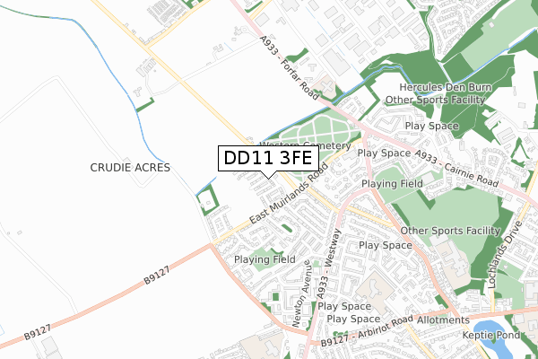 DD11 3FE map - small scale - OS Open Zoomstack (Ordnance Survey)