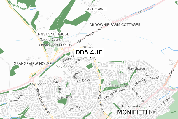 DD5 4UE map - small scale - OS Open Zoomstack (Ordnance Survey)