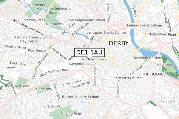 DE1 1AU map - small scale - OS Open Zoomstack (Ordnance Survey)