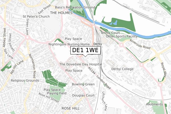DE1 1WE map - small scale - OS Open Zoomstack (Ordnance Survey)