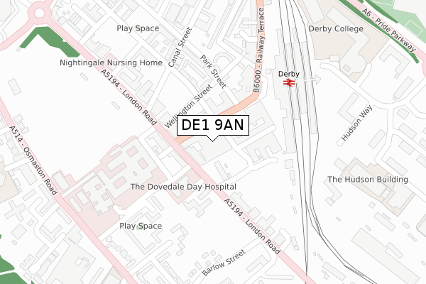 DE1 9AN map - large scale - OS Open Zoomstack (Ordnance Survey)