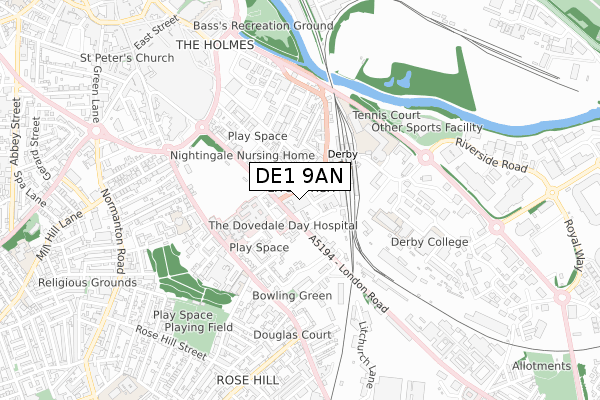 DE1 9AN map - small scale - OS Open Zoomstack (Ordnance Survey)