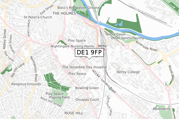 DE1 9FP map - small scale - OS Open Zoomstack (Ordnance Survey)