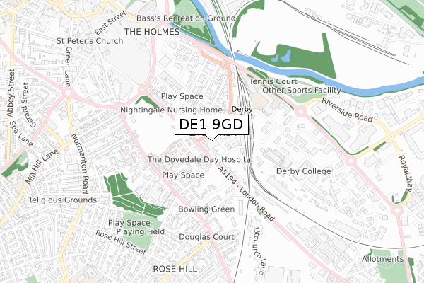 DE1 9GD map - small scale - OS Open Zoomstack (Ordnance Survey)