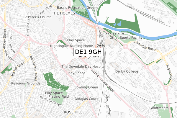 DE1 9GH map - small scale - OS Open Zoomstack (Ordnance Survey)