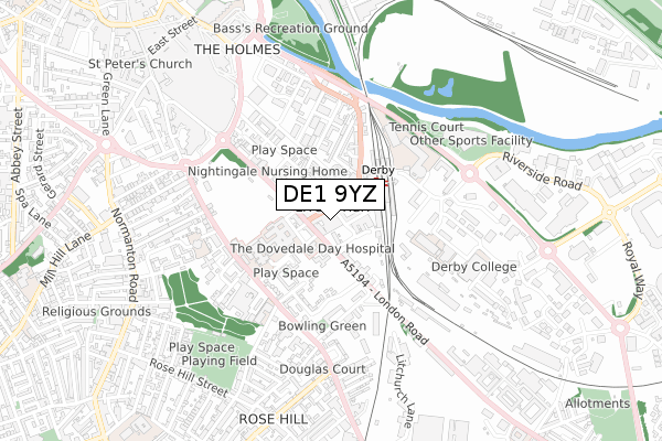 DE1 9YZ map - small scale - OS Open Zoomstack (Ordnance Survey)