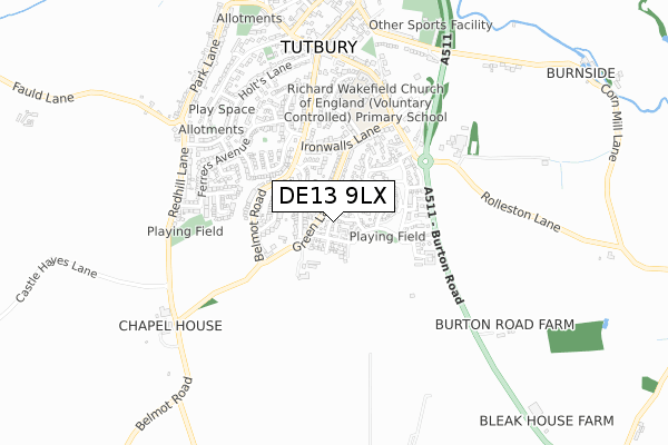 DE13 9LX map - small scale - OS Open Zoomstack (Ordnance Survey)