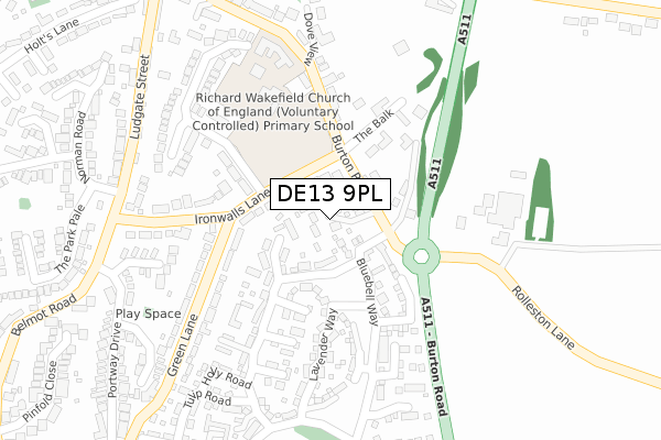 DE13 9PL map - large scale - OS Open Zoomstack (Ordnance Survey)