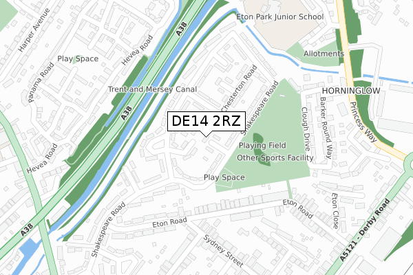 DE14 2RZ map - large scale - OS Open Zoomstack (Ordnance Survey)