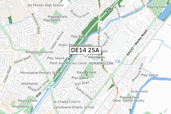 DE14 2SA map - small scale - OS Open Zoomstack (Ordnance Survey)