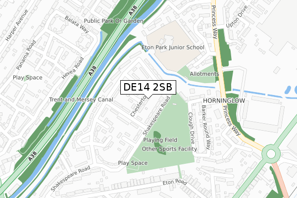 DE14 2SB map - large scale - OS Open Zoomstack (Ordnance Survey)