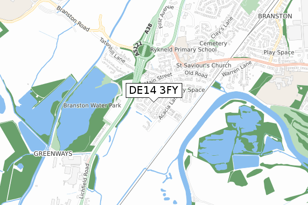 DE14 3FY map - small scale - OS Open Zoomstack (Ordnance Survey)