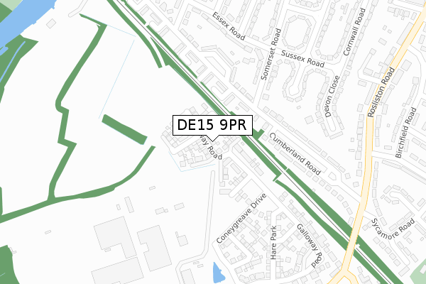 DE15 9PR map - large scale - OS Open Zoomstack (Ordnance Survey)
