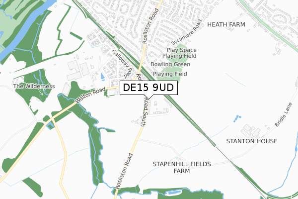 DE15 9UD map - small scale - OS Open Zoomstack (Ordnance Survey)