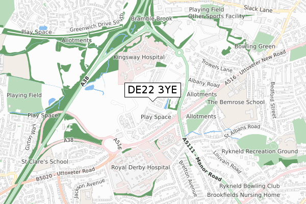 DE22 3YE map - small scale - OS Open Zoomstack (Ordnance Survey)