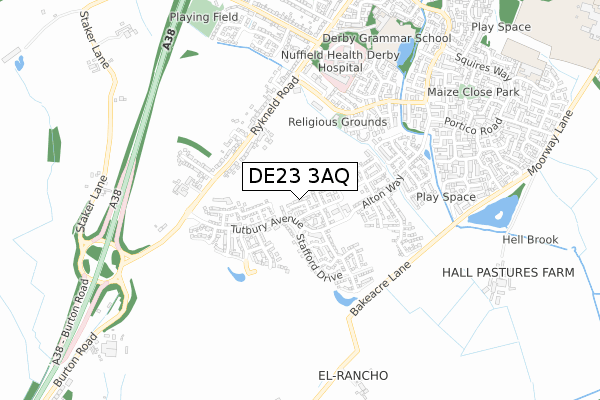 DE23 3AQ map - small scale - OS Open Zoomstack (Ordnance Survey)