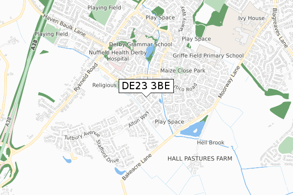 DE23 3BE map - small scale - OS Open Zoomstack (Ordnance Survey)