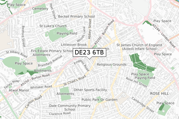 DE23 6TB map - small scale - OS Open Zoomstack (Ordnance Survey)
