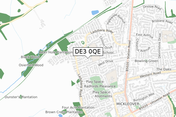 DE3 0QE map - small scale - OS Open Zoomstack (Ordnance Survey)