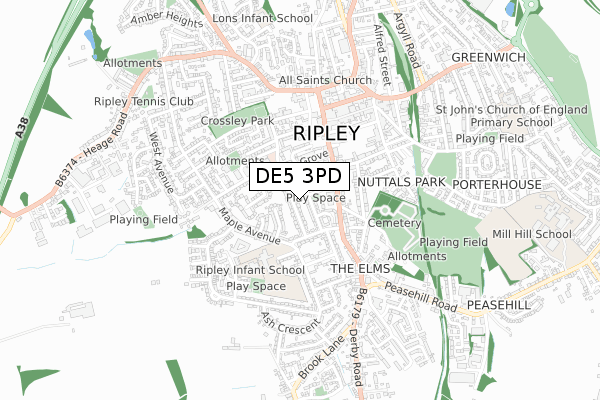 DE5 3PD map - small scale - OS Open Zoomstack (Ordnance Survey)